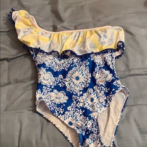 one shoulder colorful one piece